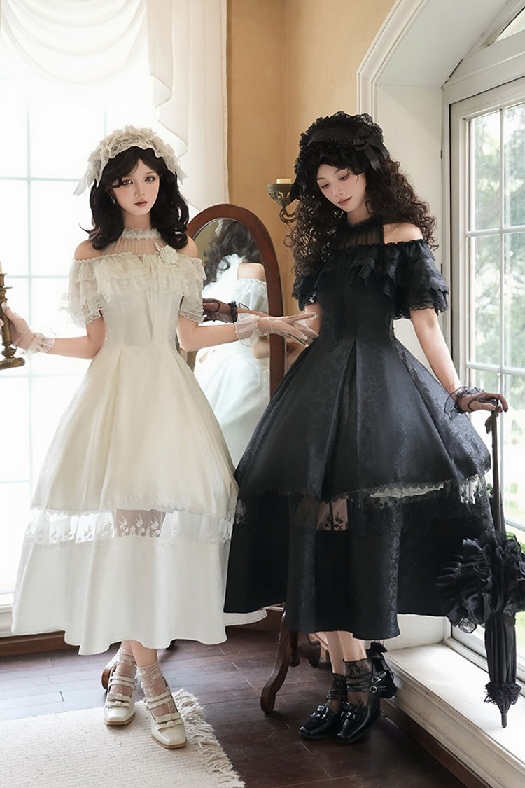Snow Off Shoulder Halterneck Printed Ruffle Gothic Elegant Dress - Flowers in the Mist