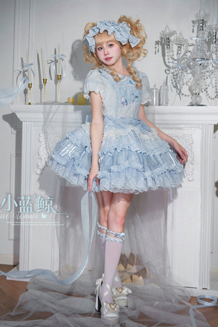 Whale Lapel Collar Short Sleeve Triple Ruffle Embroidered Sweet Lolita Dress
