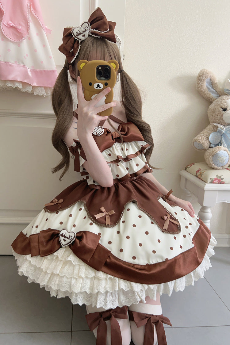 Chocolate Brown Cream Polka Dot Ruffled Bowknot Sweet Lolita JSK