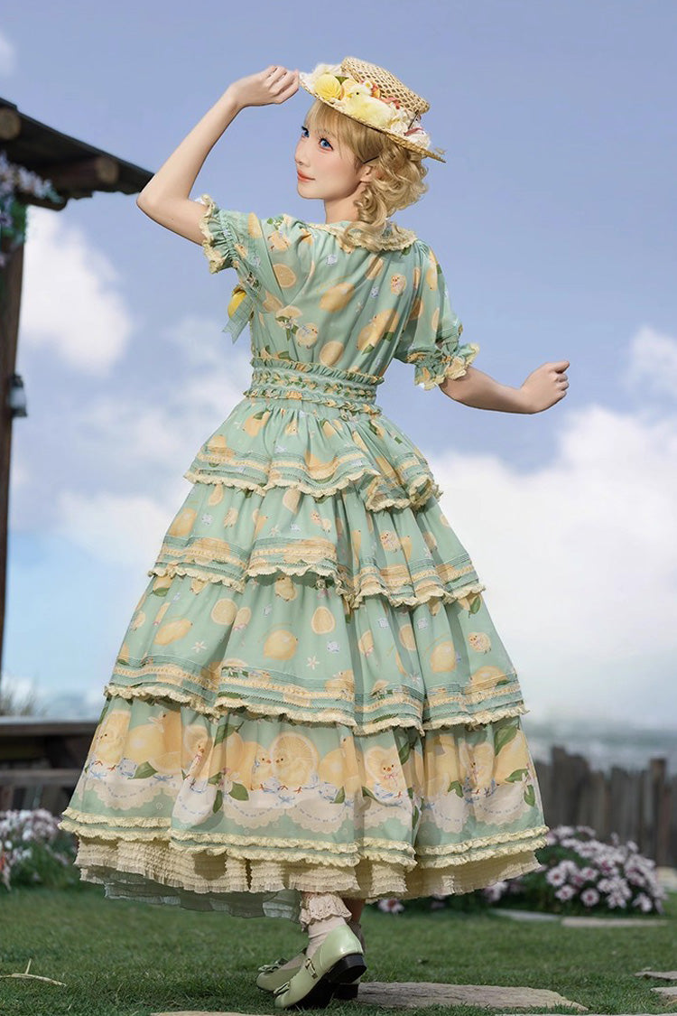 Triple-Layered Print Ruffled Bow Lace Sweet Gorgeous Lolita Dress - Green Lemon Chicken