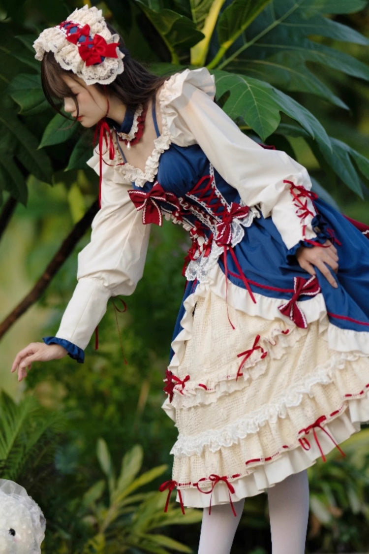 White-Blue Long Sweet Lolita Ruffle Cardigan Bowknot Dress