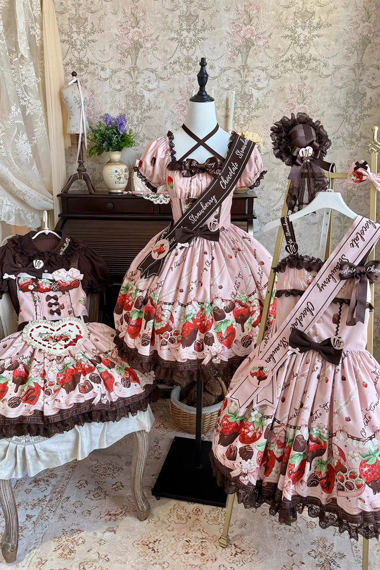 Chocolate Lover Square Collar Printed Bow Lace Sweet Lolita Dress