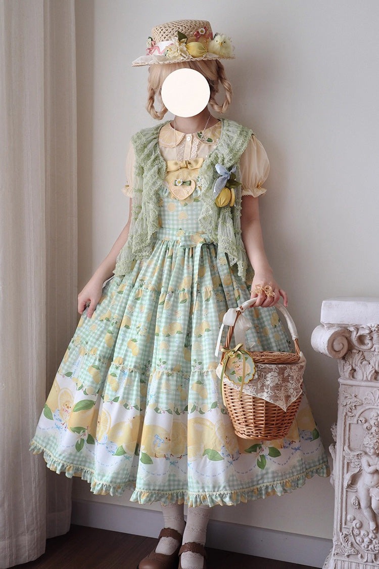 Verdant Printed Ruffle Bow Lace Sweet Long Jumper - Lemon Chicken