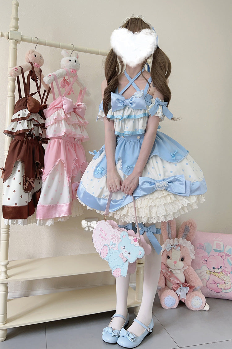 Blue Cream Polka Dot Ruffled Bowknot Sweet Lolita Jumper Dress