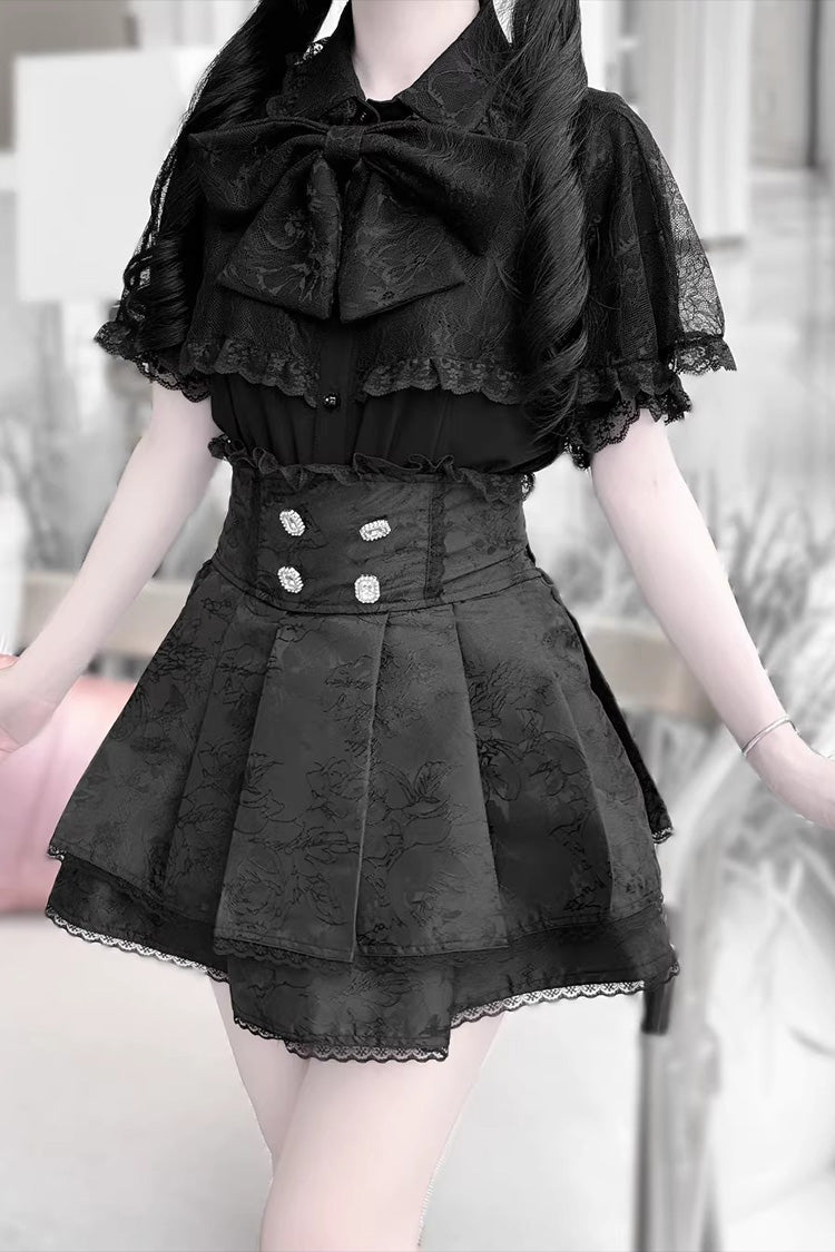 Gothic Embroidered Ruffled Top and Skirt Set with Lace-Up - Dark Moon Shadow