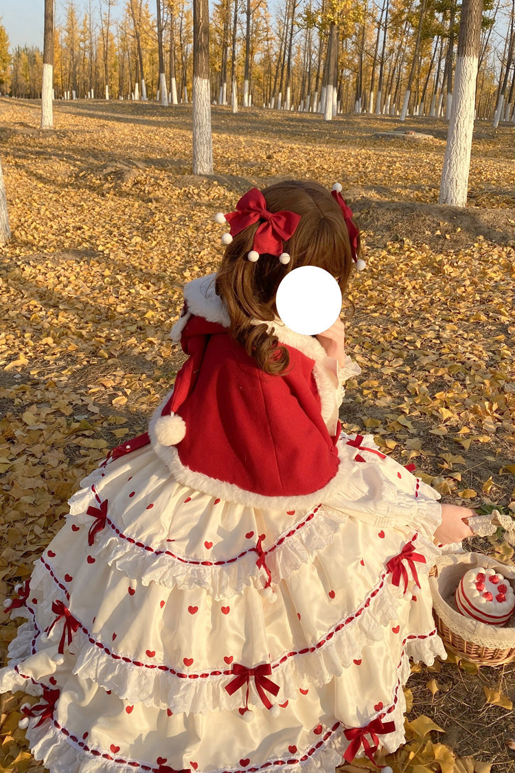 Crimson Apricot Triple-Layered Printed Ruffled Bow Lace Sweet Princess Lolita Dress with Cape
