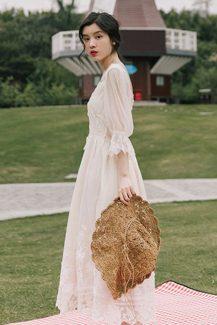 Ivory Sweet Lolita OP Dress with Lace Floral Embroidery and Half Sleeves