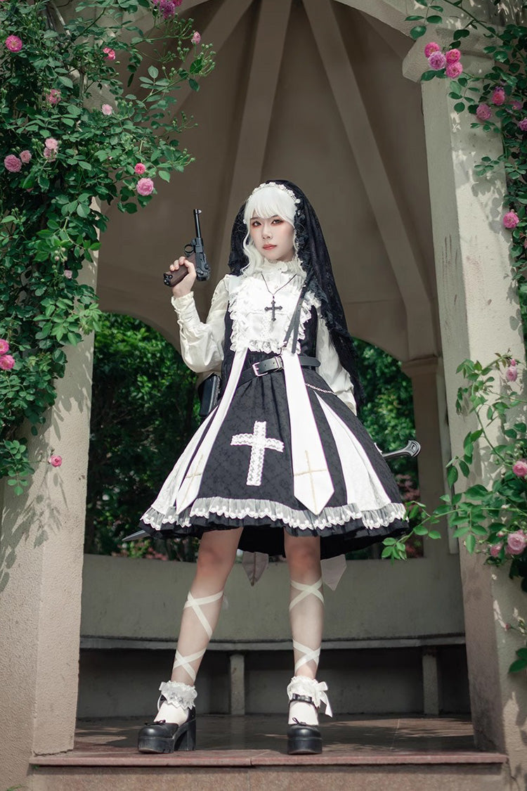 Black Gothic Lolita Dress with Cross Print and Ruffled Sleeveless