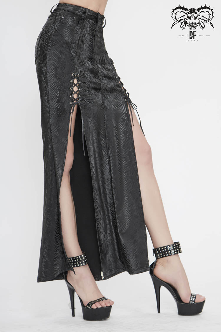 Leather-Like Side Slit Skirt with Lace-Up Rivets - Black Punk Long