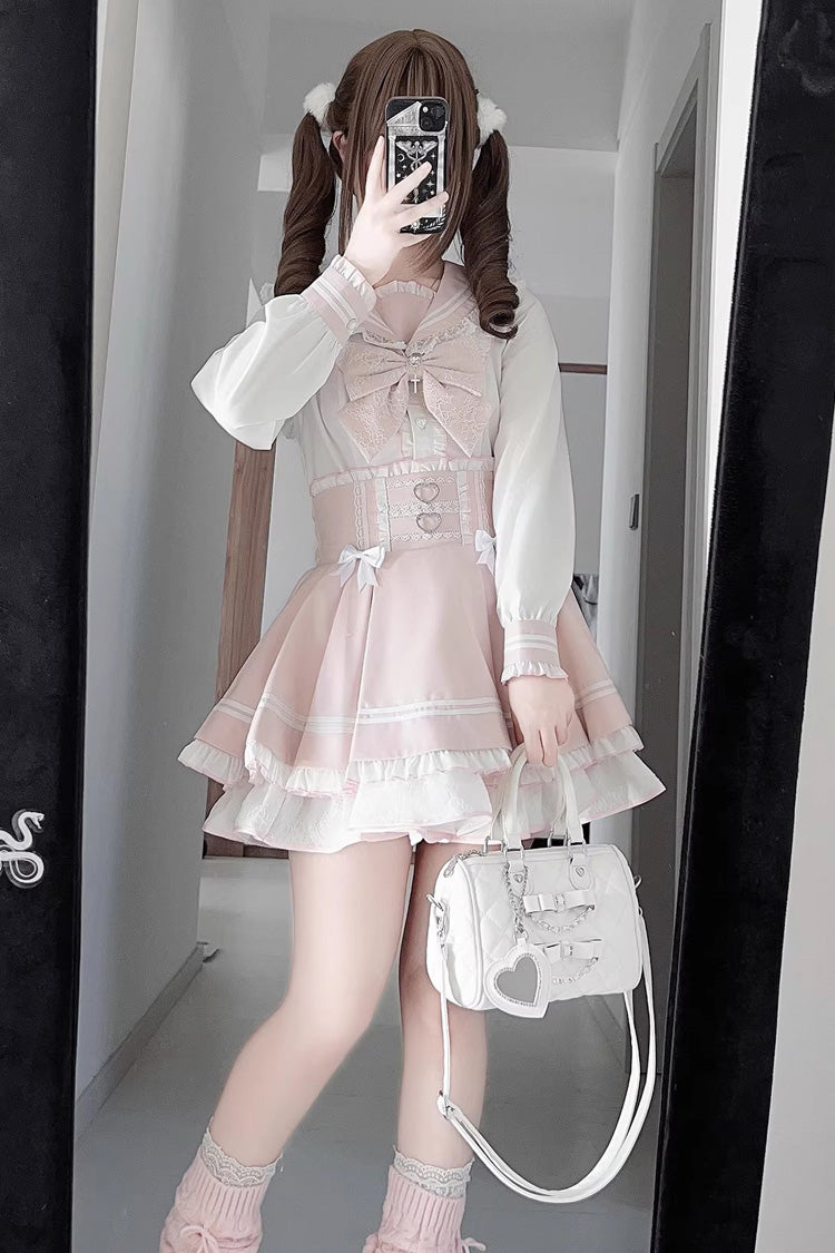 Navy Collar Long Sleeves Triple-Layered Ruffled Bow Sweet Jirai Kei Japanese Skirt Set