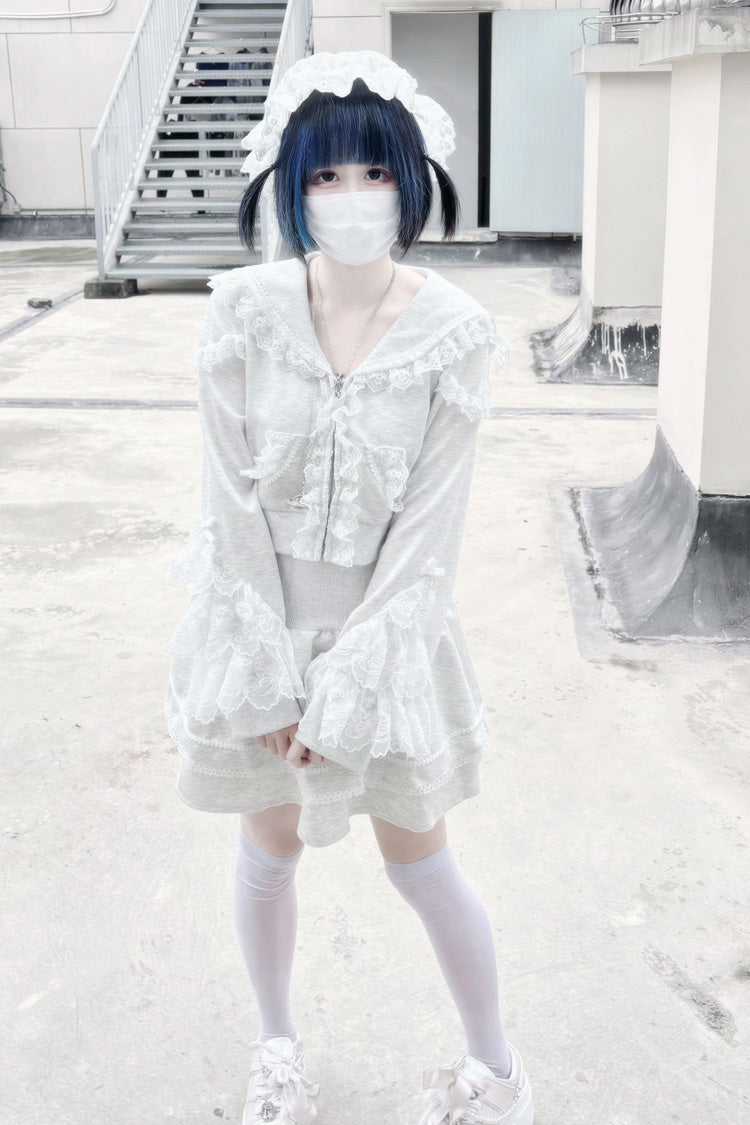Ash Hooded Jirai Kei Set with Ruffled Lace Accents