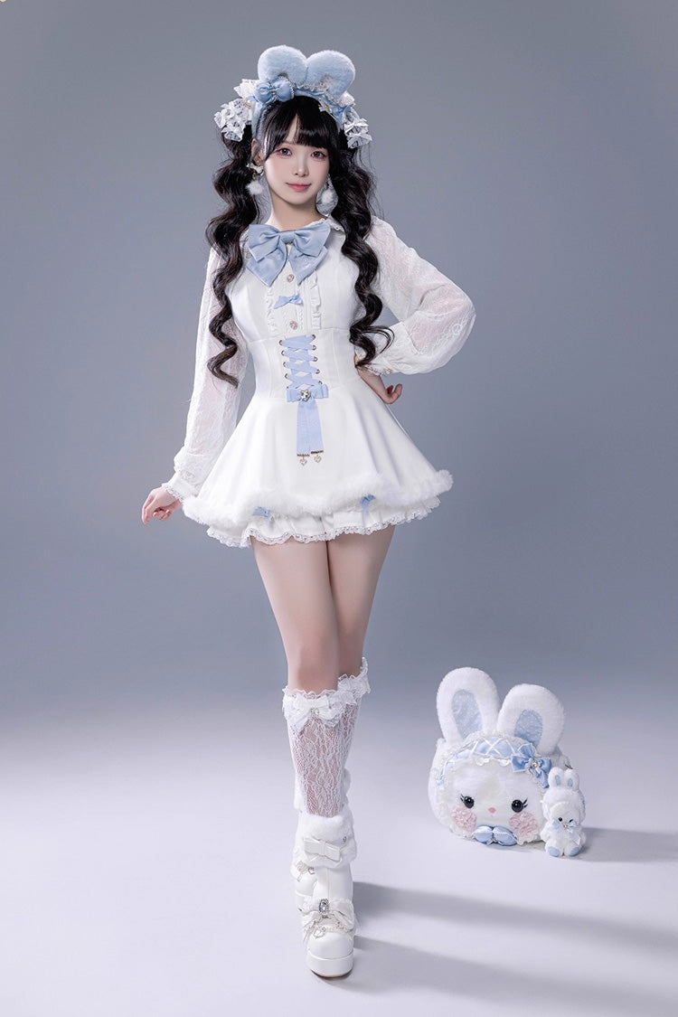White Long Sleeve Ruffled Bow Lace-Up Jirai Kei Plush Set