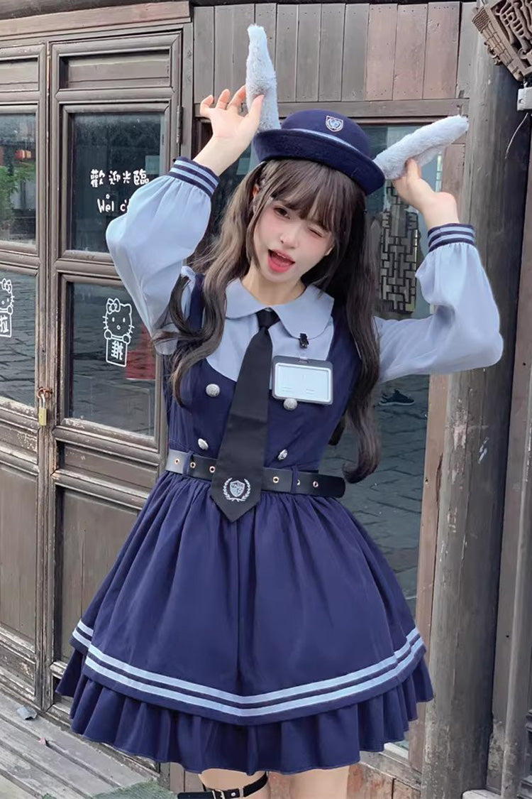 Blue Rabbit Officer Long Sleeves Printed Ruffled Faux Two-Piece College Style Sweet Dress