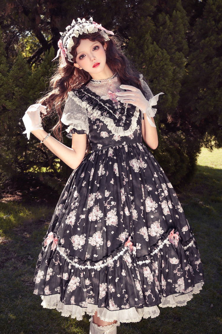 Daydream Rose Floral Jacquard Print Ruffle Embroidered Bow Sweet Lolita Dress in Three Shades