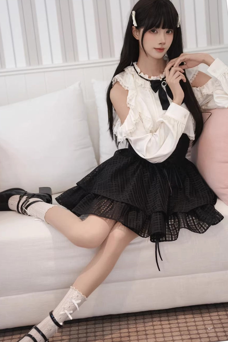 Monochrome Elegant Jirai Kei Skirt Set with Double-Layered Cut-Outs and Bow Lacing