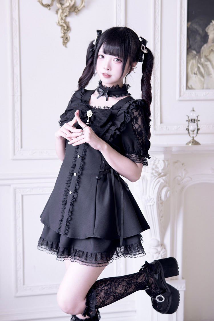 Noir Short Sleeve Ruffle Bow Gothic Jirai Kei Set - Waltz