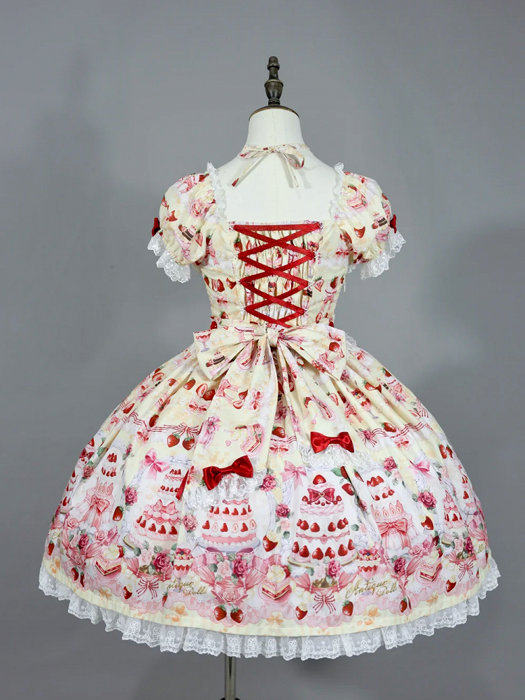Accents Print Lolita Full Sweet Yellow Cake Bow Set Dress / Strawberry
