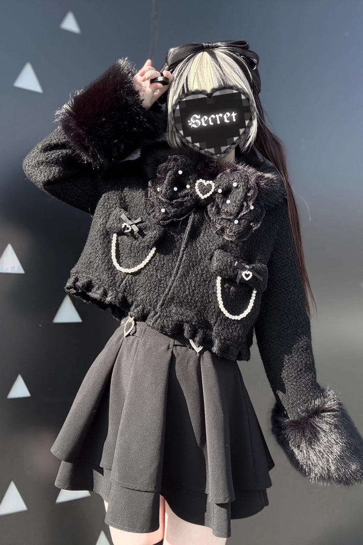 Long Sleeves Bow Sheep Wool Gothic Jirai Kei Short Coat