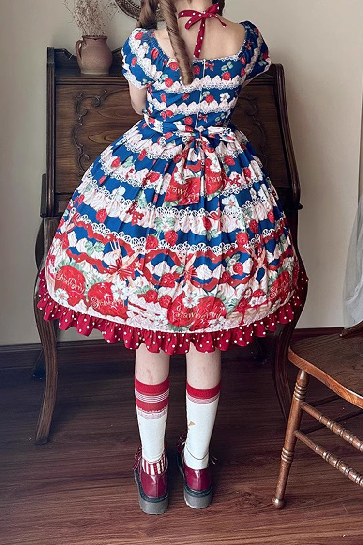 Berry Fairy Print Short Sleeve Ruffle Bowknot Dress - Red/Blue