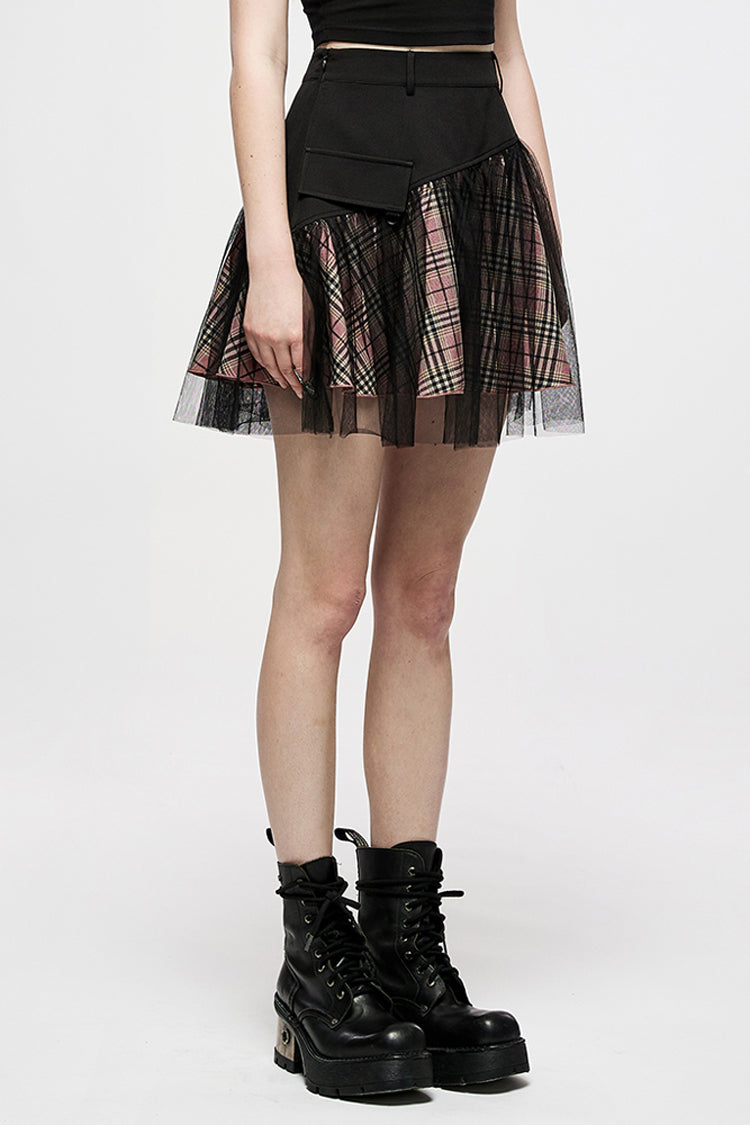 Pink & Black Punk Mesh Skirt with Pocket Accents & Waist Detail