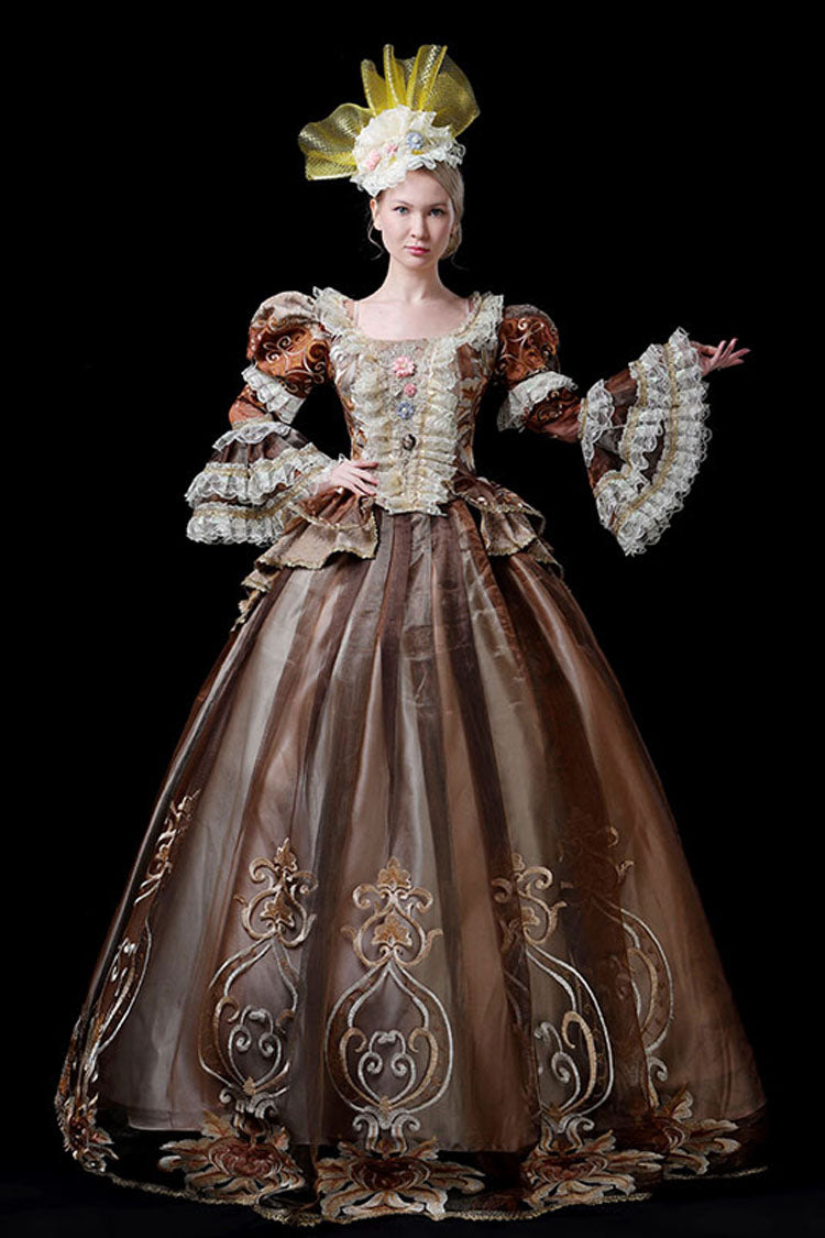 Coffee Multi-Layer Trumpet Sleeve Victorian Gown - 3D Flower Embroidery