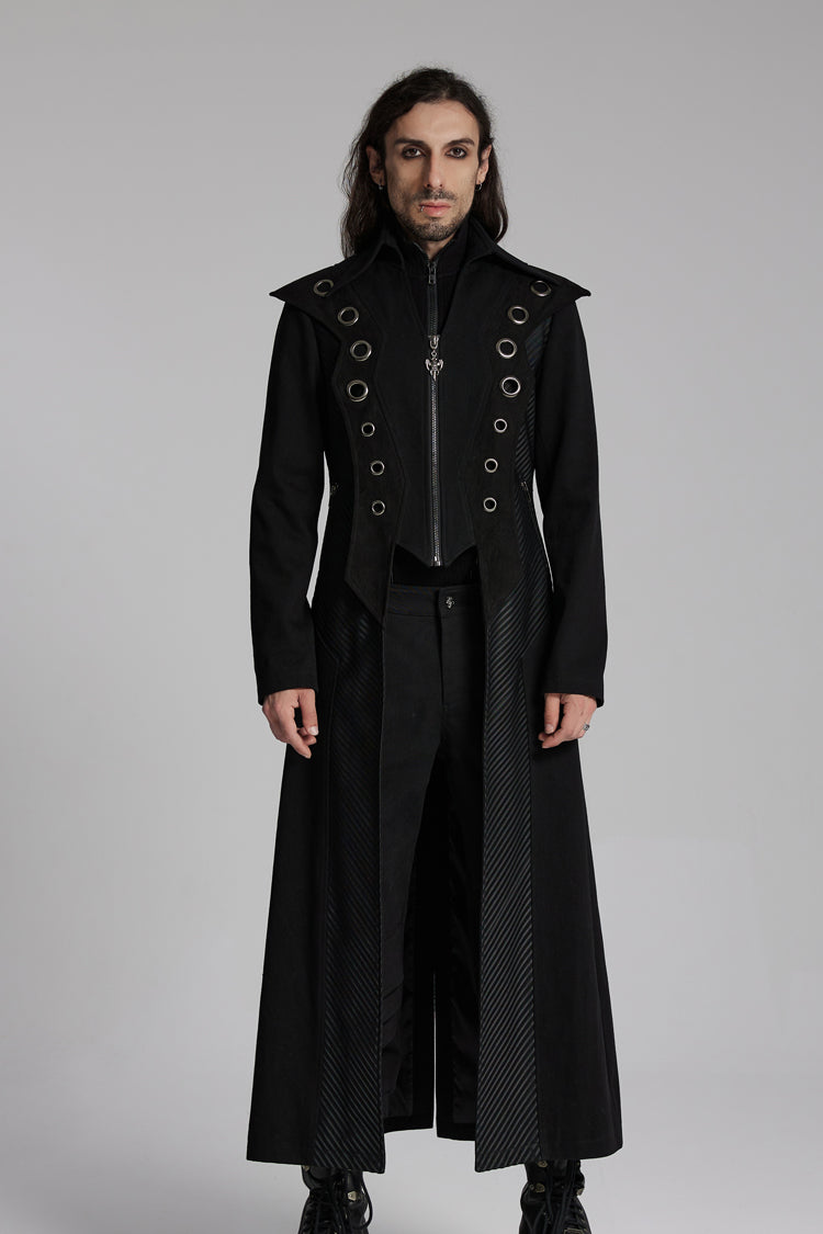 Noir Metallic Ring Zip Long-Sleeve Punk Overcoat for Men