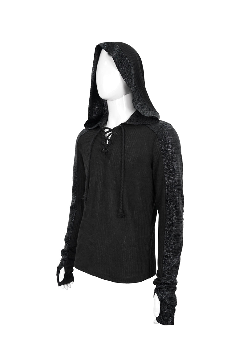 Dark V-Neck Knit Hooded Punk Tee with Tether Design