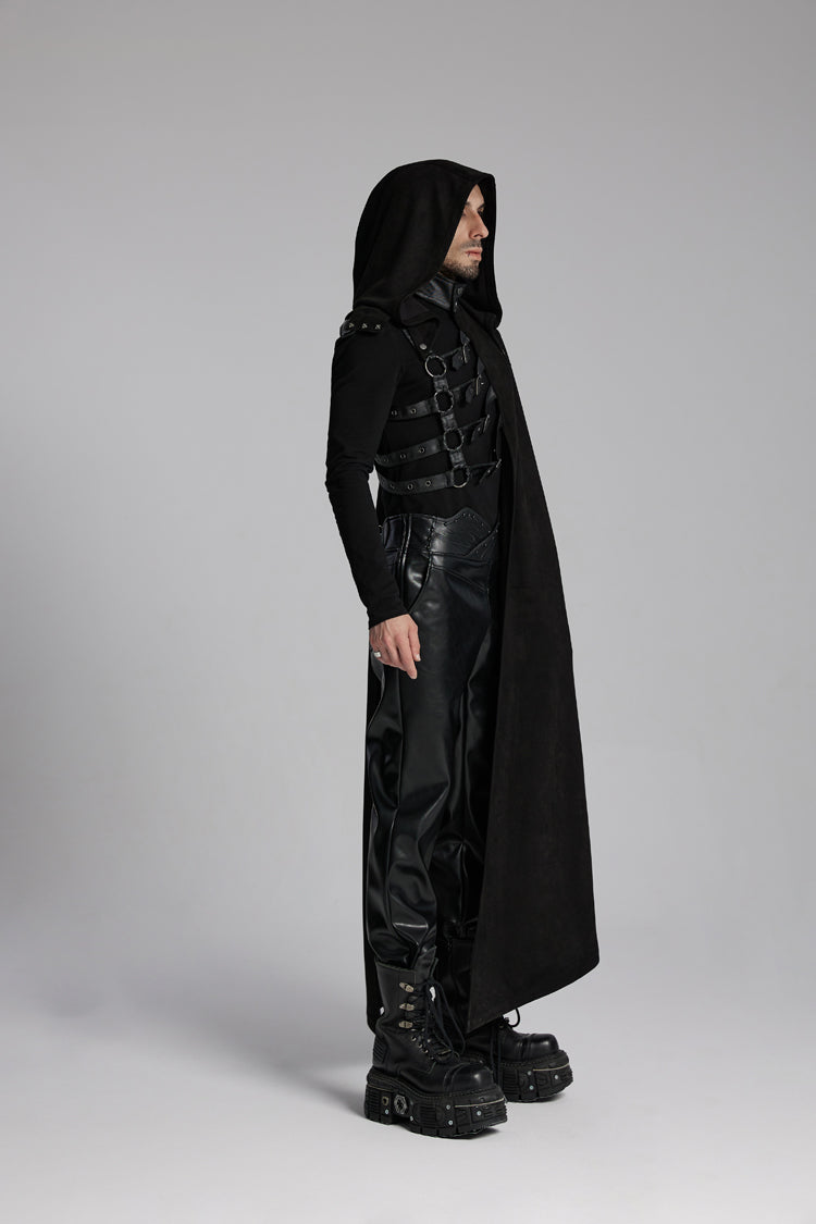 Men's Punk Cloak with Hooded Buckle-up Rivets Design