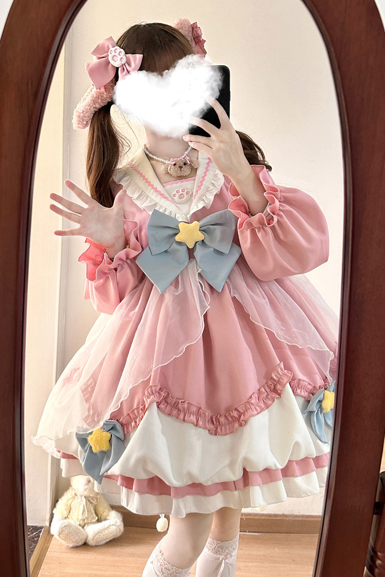 Pray Star Long Sleeve Double Ruffled Bowknot Lace Sweet Lolita Dress