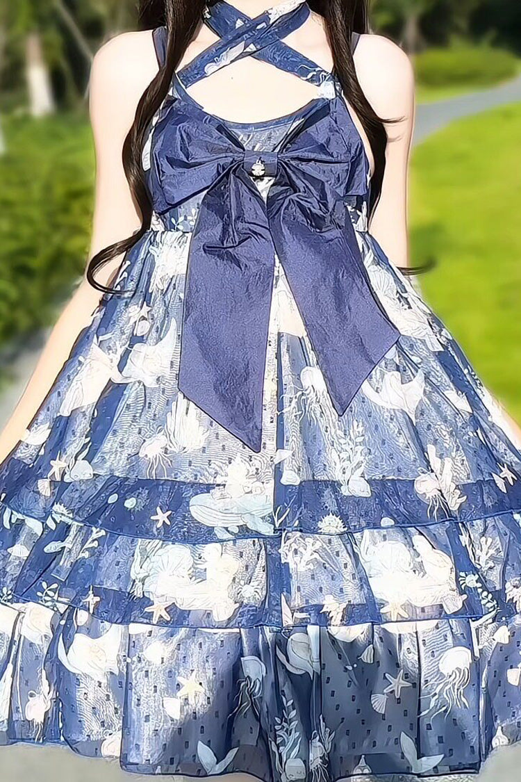 Ocean Sweetheart Halterneck Sleeveless Triple-Layered Printed Ruffled Bow Lace Sweet Strap Dress