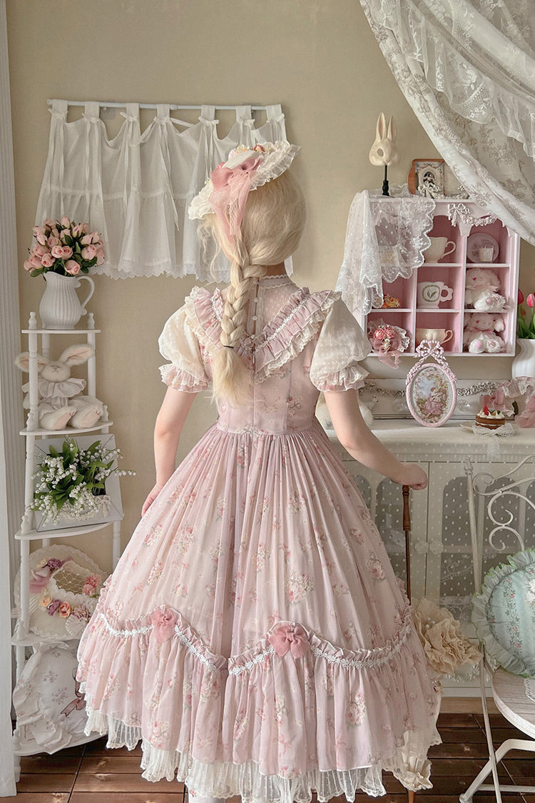 Daydream Rose Floral Jacquard Print Ruffle Embroidered Bow Sweet Lolita Dress in Three Shades