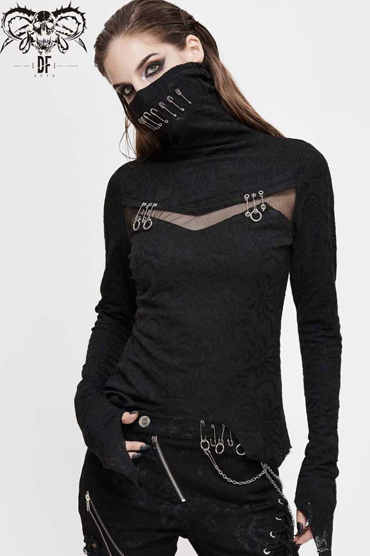 Punk Shirt with Mesh Chest Splice and Pin Decor