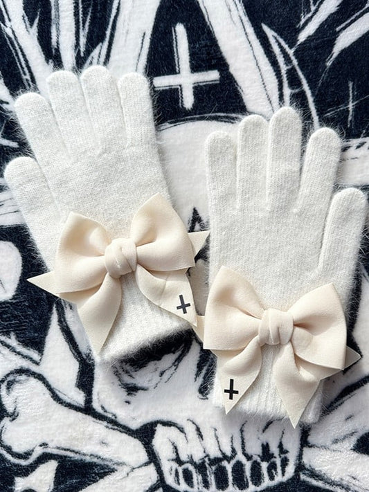 White Black Details Cutout Print at Gloves Cross Finger With Pads Bowknot Gothic
