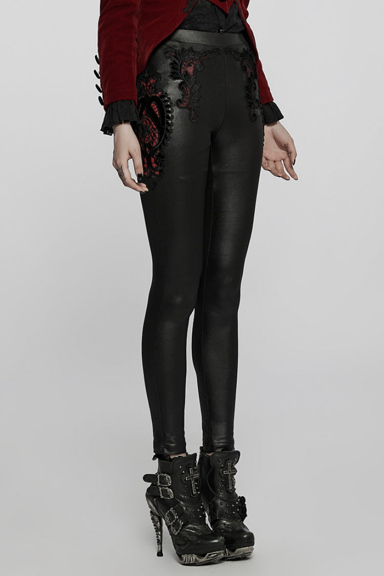 Faux Leather Gothic Leggings with Embroidered Cutout Details for Women