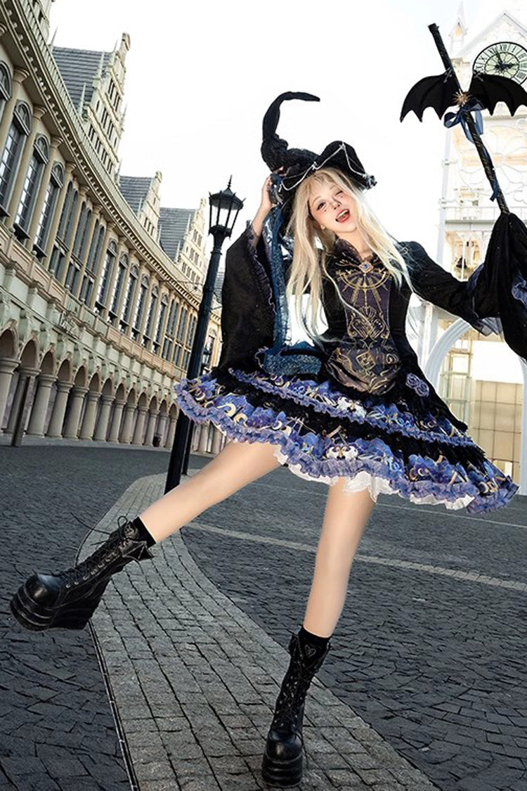Black Astrology Cat Long Sleeve Double-Layered Lace Gothic Dress