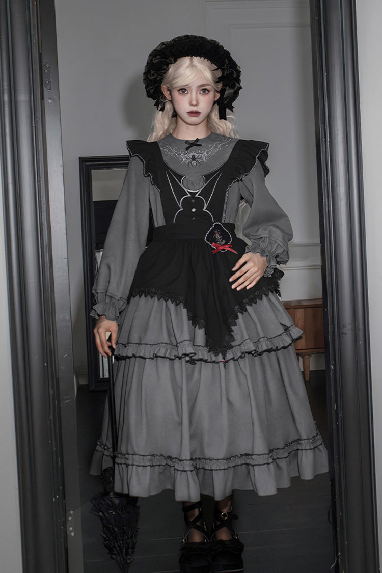 Gothic Ruffle Embroidered Long-Sleeve Dress in 2 Colors - Castle Night
