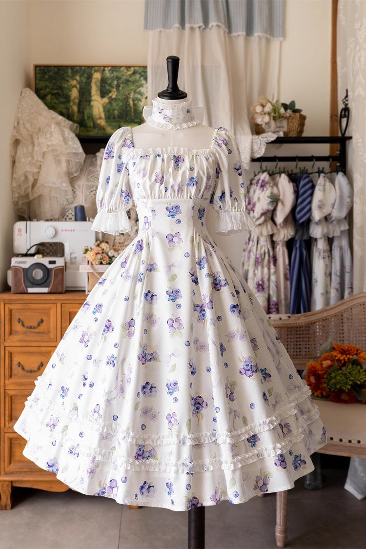 Botanical Print Ruffle-Trim Lace Summer Lolita Gown in Six Shades - Forest Basket