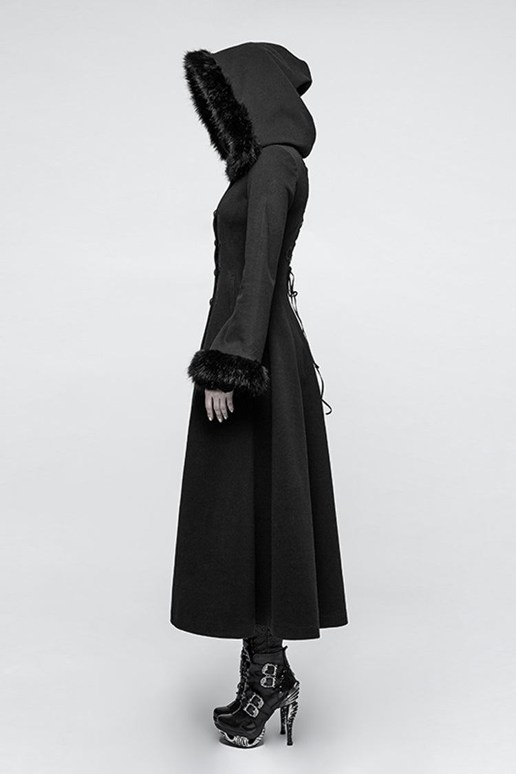 Gothic Hooded Single-Breasted Maxi Long Coat with Print for Women