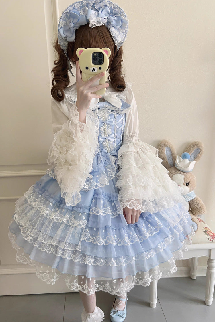 Blue Love Overture Multilayer Ruffled Bowknot Lace Sweet Lolita JSK