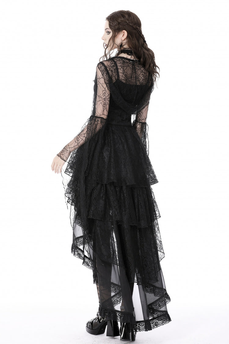 Midnight Spider Web Hooded Cape with Flared Lace-Up Sleeves - Gothic Sheer