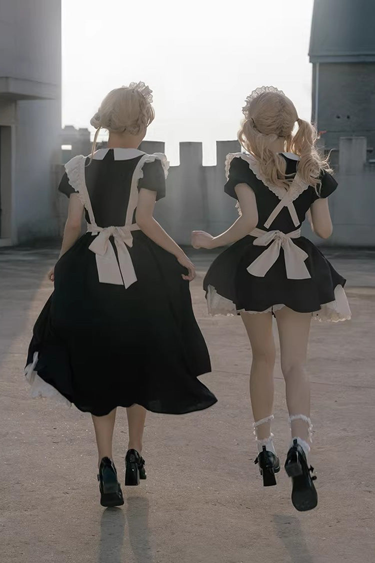 Monochrome Sweet Maid Dress with Ruffled Bow and Round Collar - Two Lengths