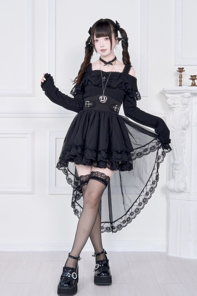 Off Shoulder Long Sleeve Ruffled Bow Lace Gothic Dress