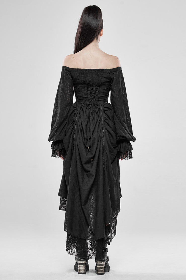 Black Off-Shoulder Long Puff Sleeves Ruffle Mesh Gothic Gown