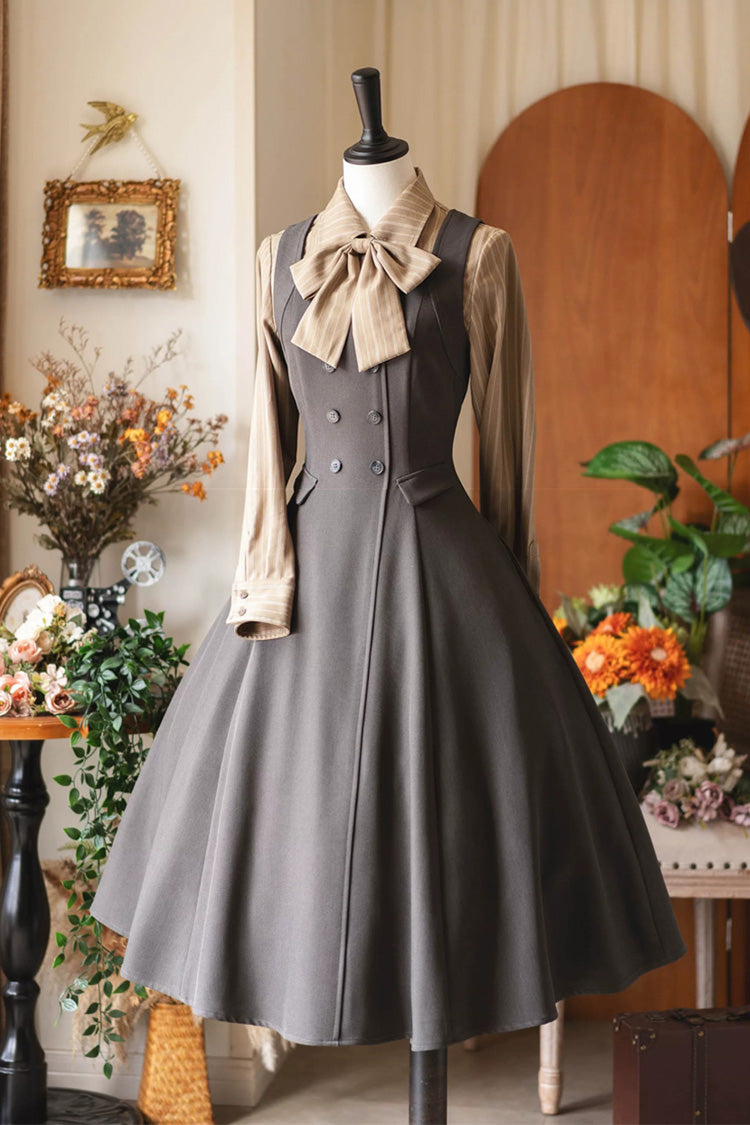 Classic Victorian Lolita JSK Dress with Ruffled Neckline, Sleeveless, Grey