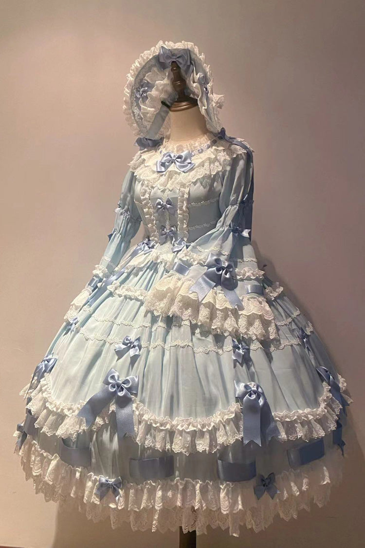 Blue Round Collar Long Trumpet Sleeve Bow Lace Elegant Princess Dress