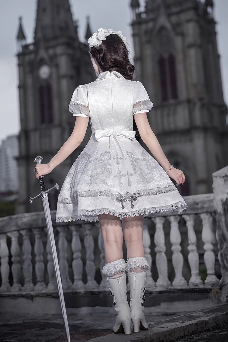 Ivory Classic Gothic Lolita Dress with Ruffled Lace and Short Sleeves
