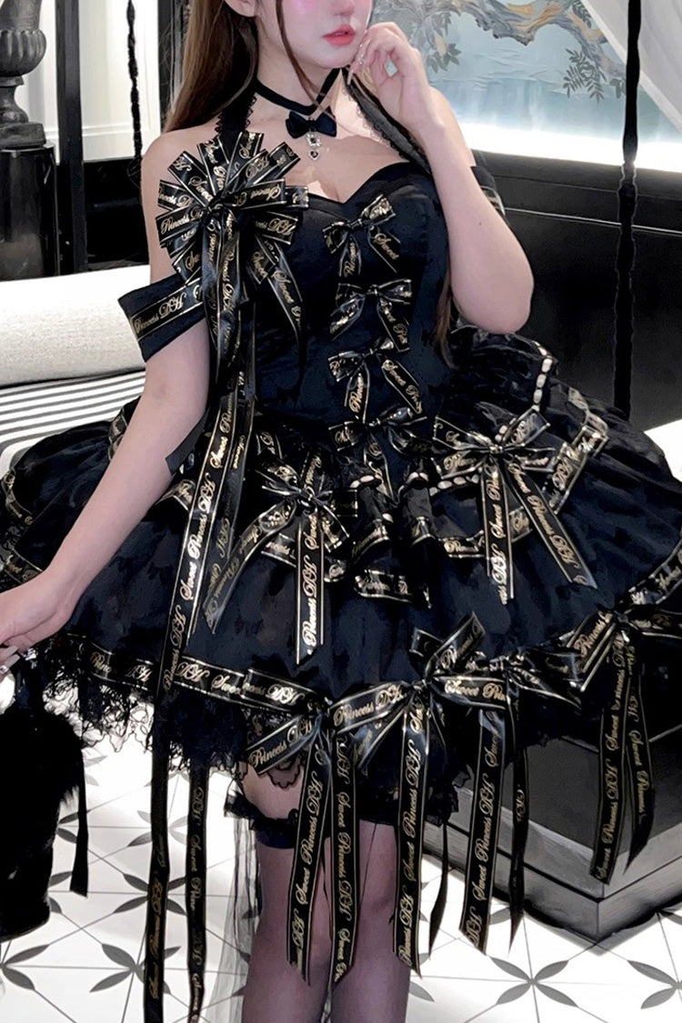 Noir Halter Neck Layered Ruffle Bow Princess Gothic Dress - Young Lady