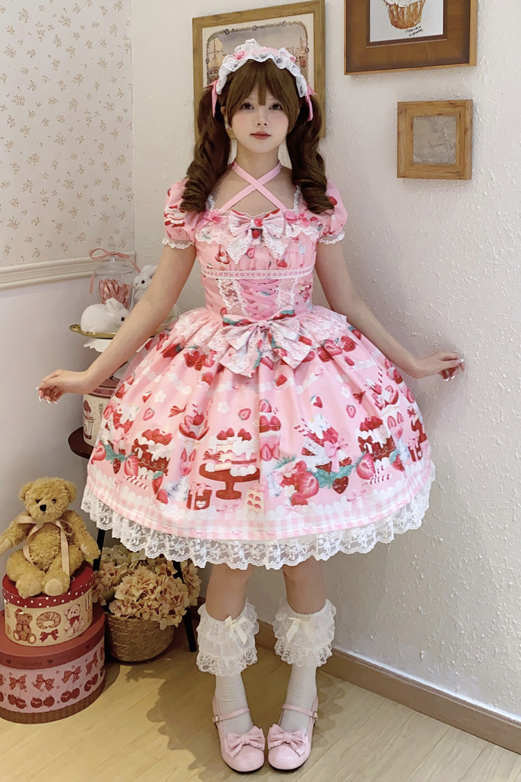 Pink Strawberry Parfait Print Ruffle Bow Lace-Up Lolita Dress