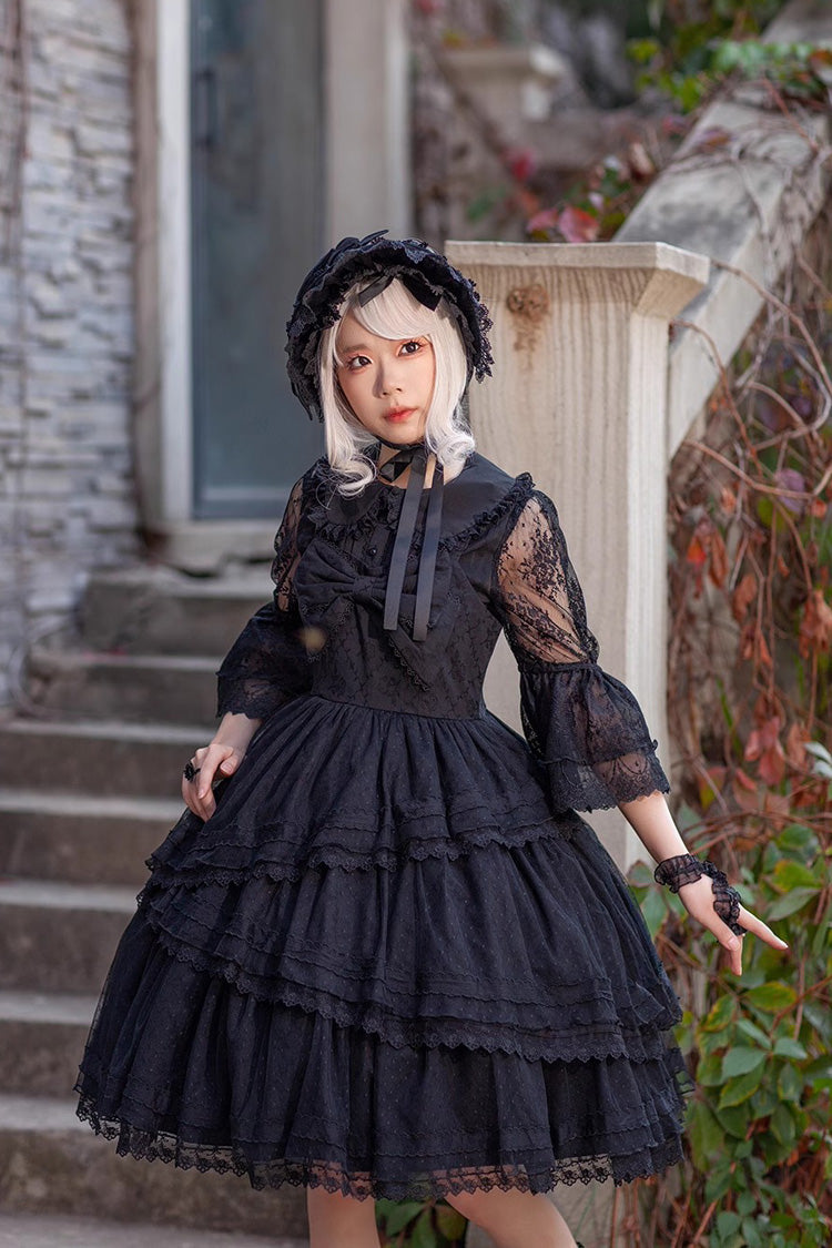 Black Gothic Lolita Dress with Tower of Dawn Bowknot and Ruffled Sleeveless