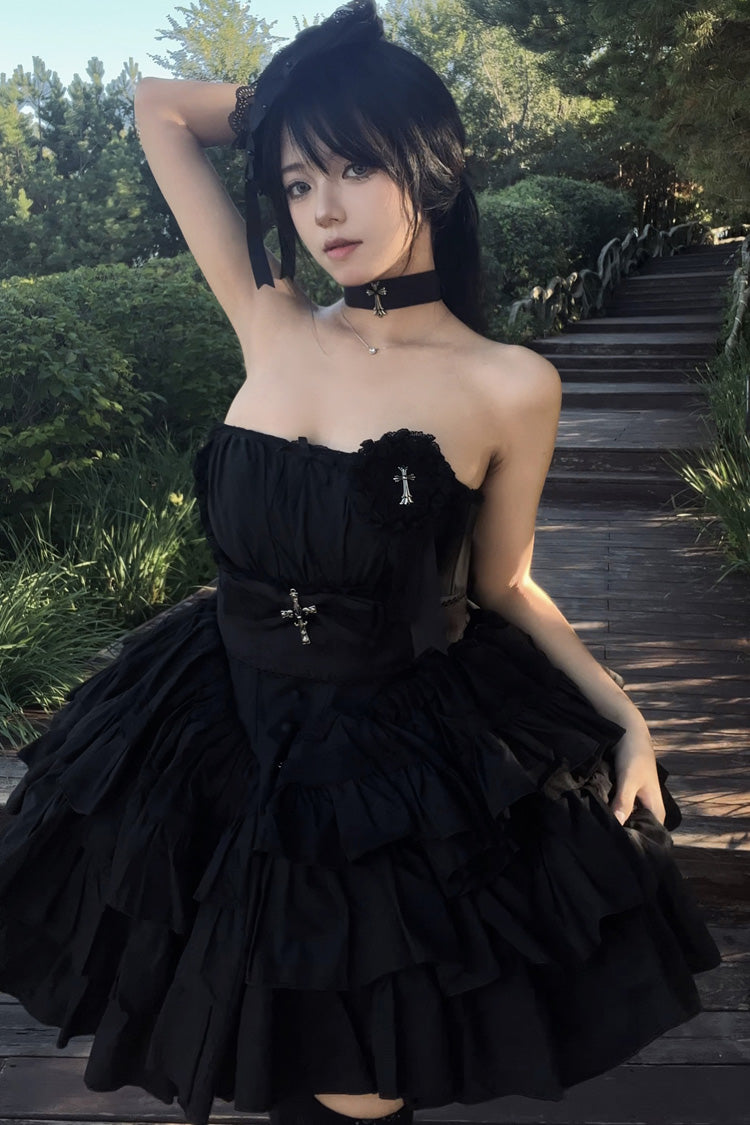 Sleeveless Black Lace Bowknot Triple-Layered Gothic Princess Dress